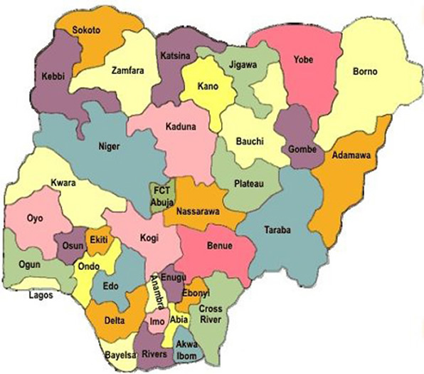 Map of Nigeria with 36 states